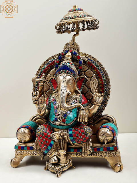 18" King Ganesha Seated on Royal Throne with Colorful Inlay Work | Handmade