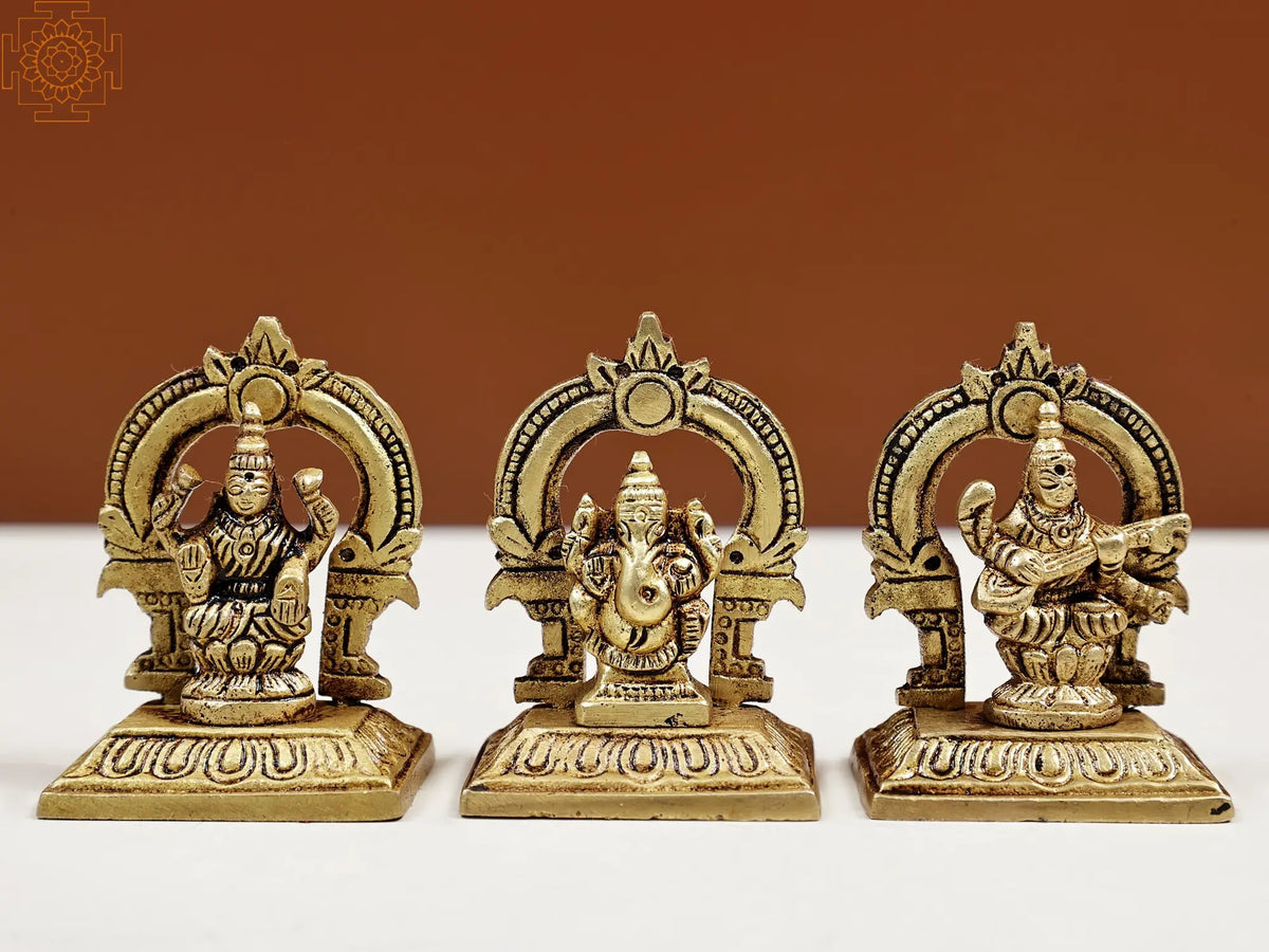 2" Small Ganesha Lakshmi and Saraswati (Set of Three Statues) in Brass | Handmade