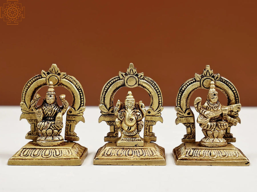 2" Handmade Ganesha Lakshmi Saraswati Brass Idol Set