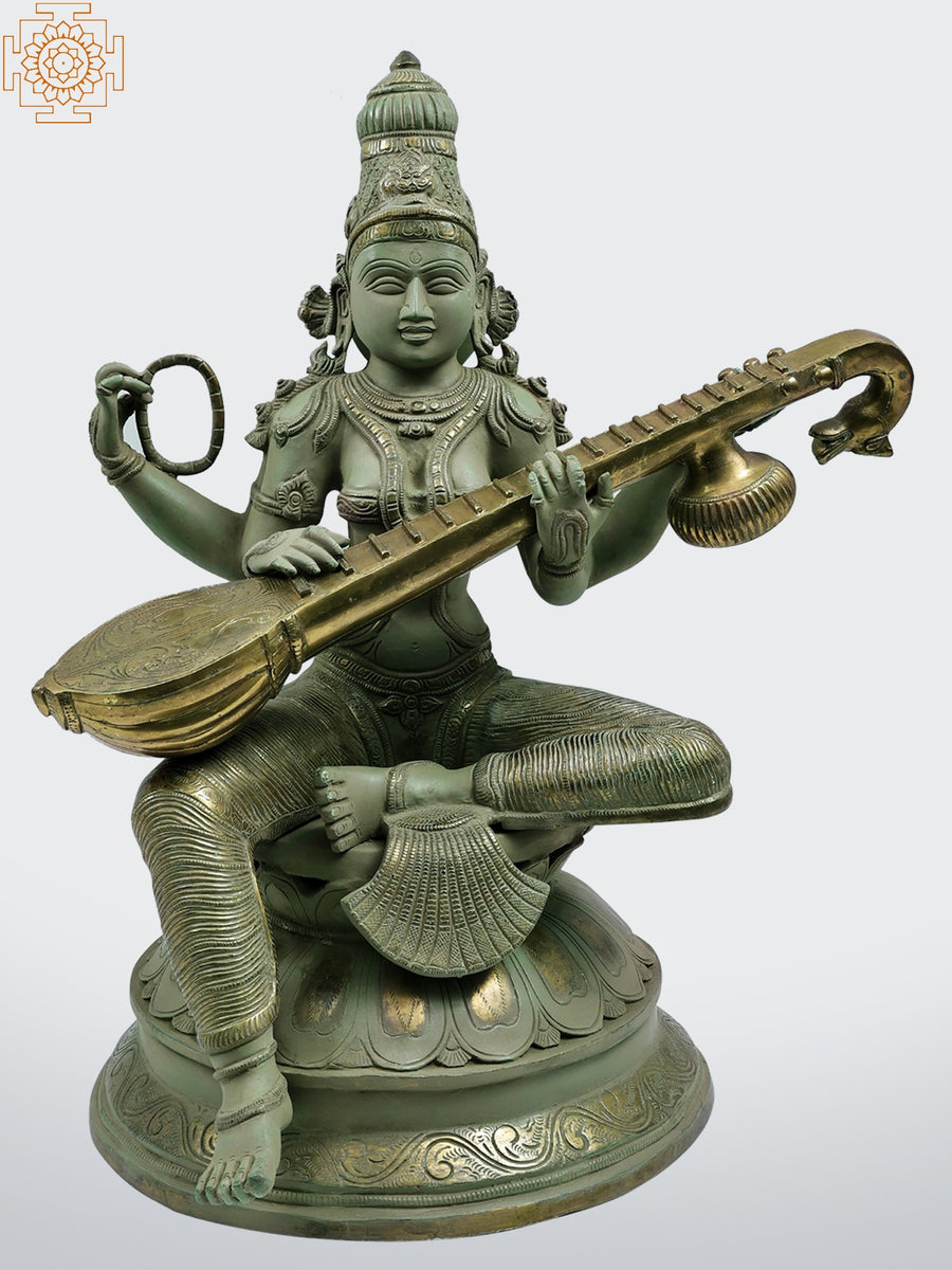 22" Handmade Brass Devi Saraswati Statue for Home Pooja