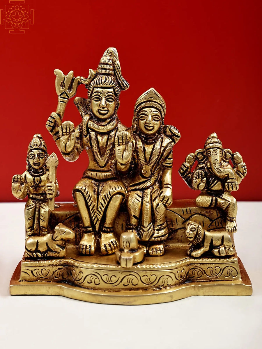 4" Handmade Shiva Parivar Brass Statue with Nandi and Shiva Linga