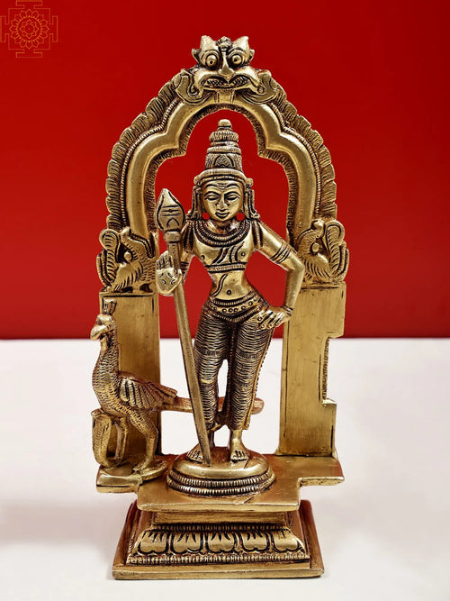 7" Lord Kartikeya Brass Statue Handmade Murugan Sculpture
