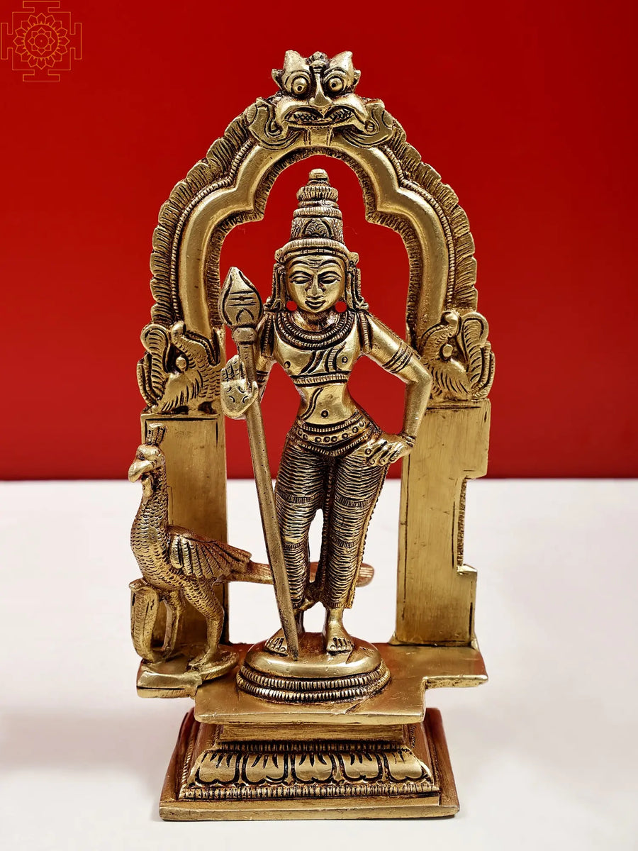 7" Lord Kartikeya Brass Statue Handmade Murugan Sculpture