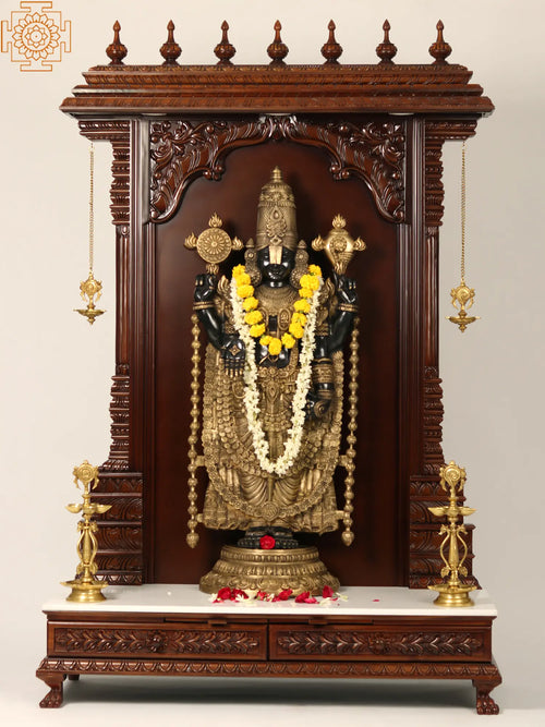 74" Wooden Tirupati Balaji Statue with Teakwood Frame and Marble Base