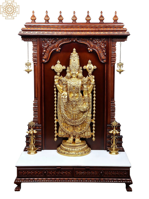 74" Super Large Tirupati Balaji in Wooden Frame Stand with Vaishnav Symbol Lamp | Teakwood Frame | Spotless White Marble Base