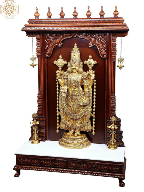 74" Super Large Tirupati Balaji in Wooden Frame Stand with Vaishnav Symbol Lamp | Teakwood Frame | Spotless White Marble Base