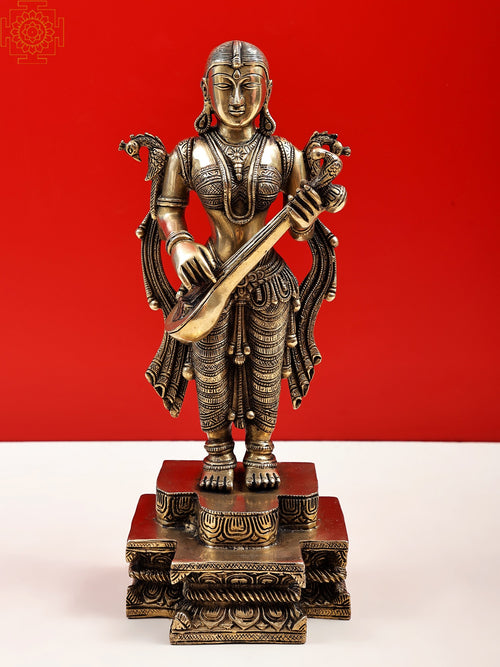 14" Handmade Brass Devi Saraswati Standing Statue for Pooja