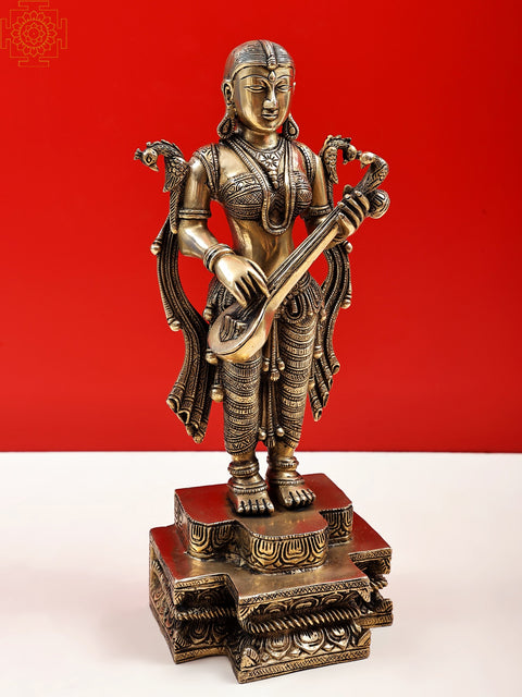 14" Standing Devi Saraswati | Handmade Brass Statue