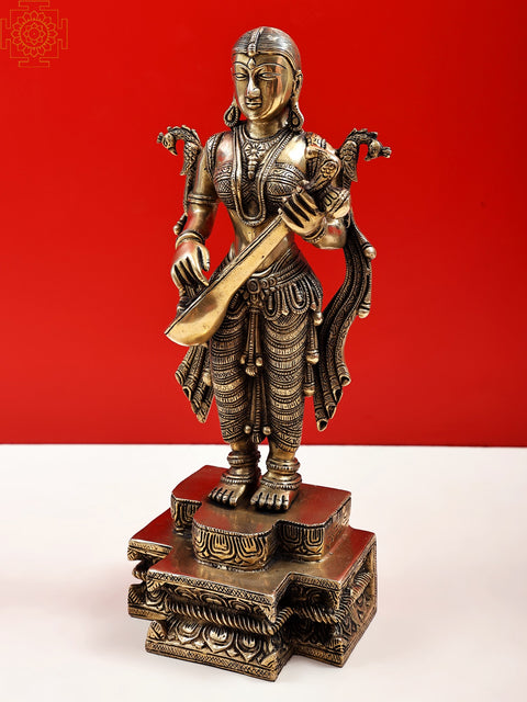 14" Standing Devi Saraswati | Handmade Brass Statue