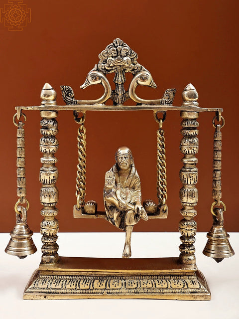 10" Shirdi Sai Baba on a Swing With Hanging Bells | Brass Statue | Handmade