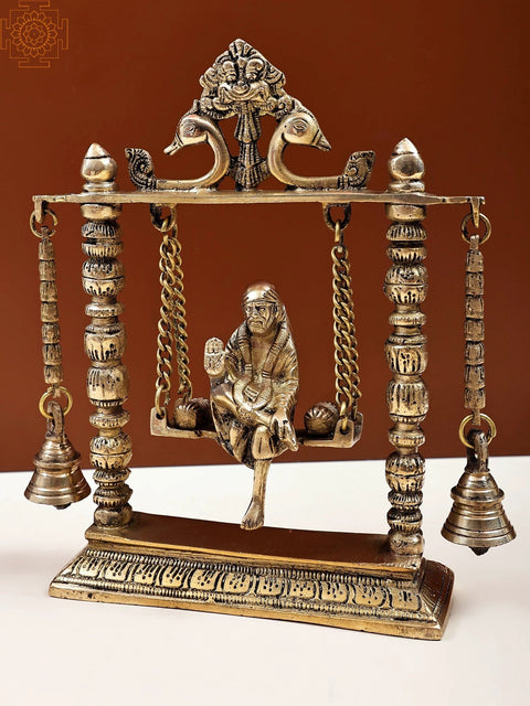 10" Shirdi Sai Baba on a Swing With Hanging Bells | Brass Statue | Handmade