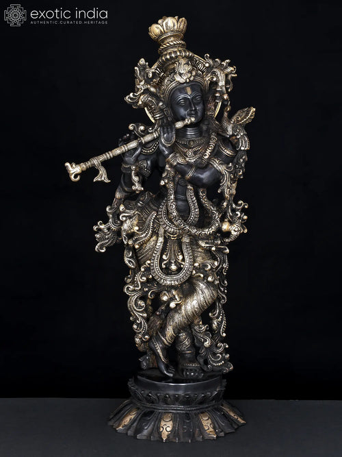 26" Handmade Lord Krishna Brass Statue on Lotus Pedestal