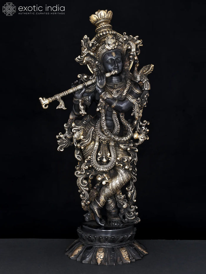 26" Handmade Lord Krishna Brass Statue on Lotus Pedestal