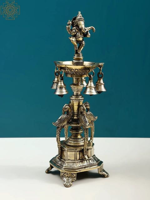 13" Dancing Ganesha Lamp with Peacock and Bells | Handmade
