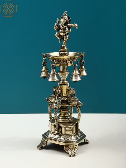 13" Dancing Ganesha Lamp with Peacock and Bells | Handmade