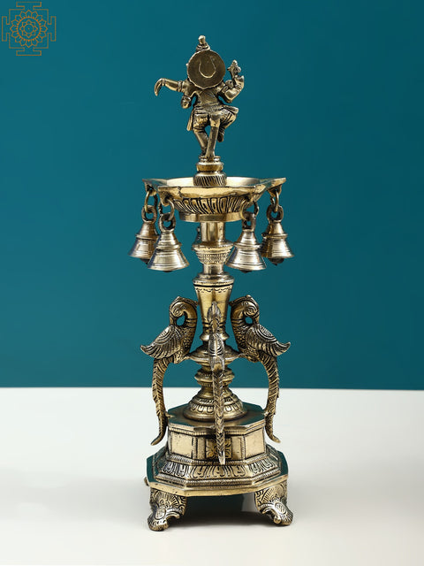 13" Dancing Ganesha Lamp with Peacock and Bells | Handmade