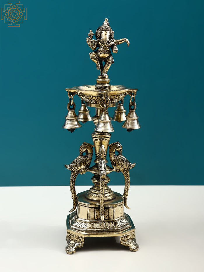 13" Handmade Dancing Ganesha Brass Lamp with Peacock