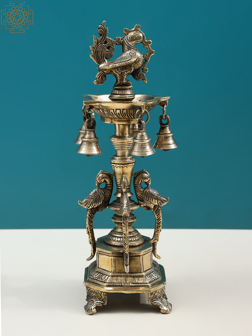 13" Handmade Peacock Brass Lamp with Bells