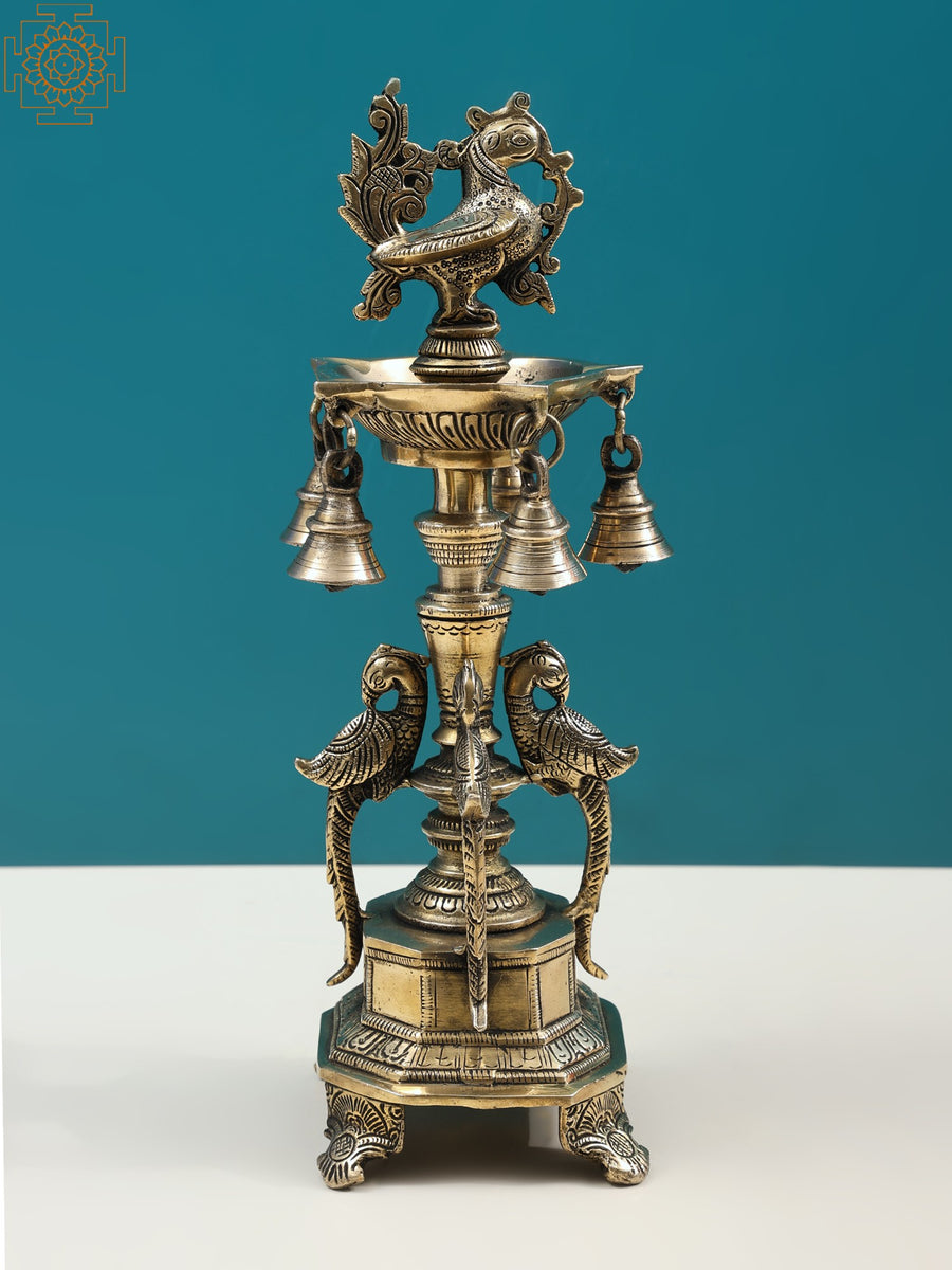 13" Handmade Peacock Brass Lamp with Bells