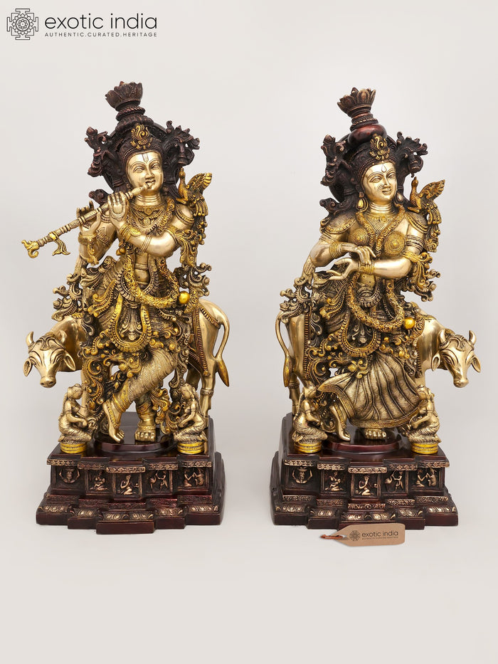 28" Radha Krishna with Cow Brass Statue Handmade