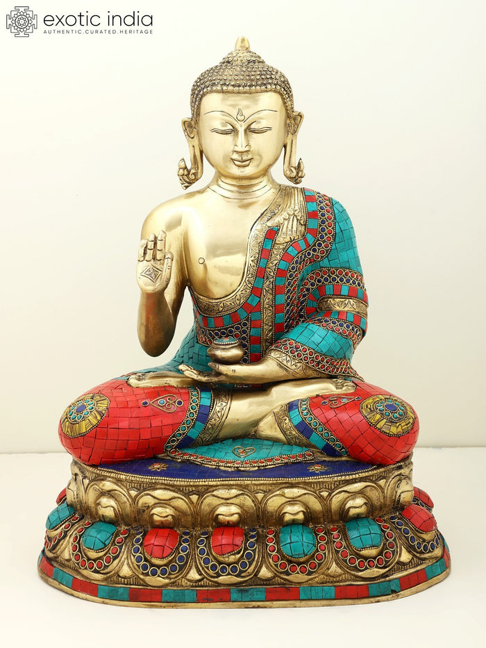 18" Handmade Gautam Buddha Preaching Dharma Brass Statue with Inlay Work
