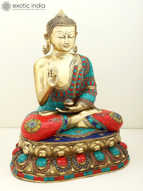 18" Gautam Buddha Preaching His Dharma | Brass with Inlay Work Buddha | Handmade