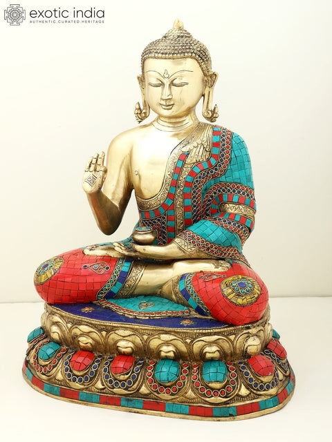18" Gautam Buddha Preaching His Dharma | Brass with Inlay Work Buddha | Handmade