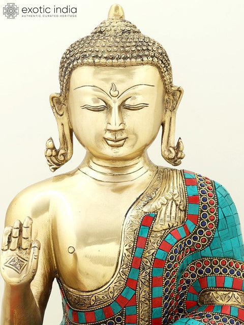 18" Gautam Buddha Preaching His Dharma | Brass with Inlay Work Buddha | Handmade