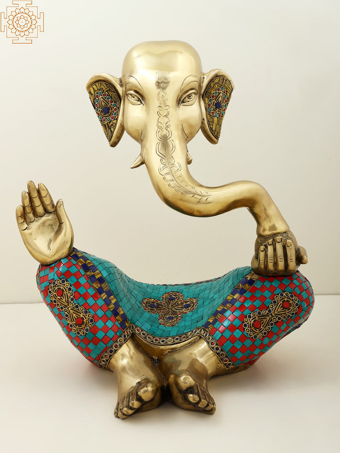 17" Handmade Brass Ganesha Statue with Stone Inlay Work