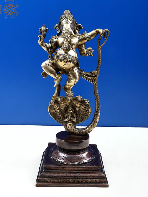 19" Dancing Lord Ganesha on Sheshnag Brass Statue Handmade