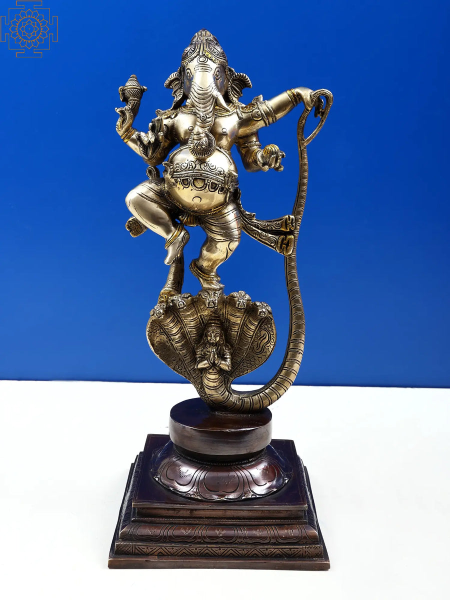 19" Dancing Lord Ganesha on Sheshnag Brass Statue Handmade