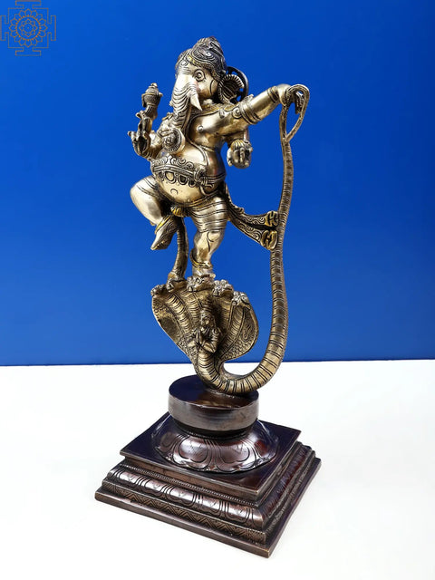 19" Lord Ganesha Dancing on Sheshnag In Brass | Handmade