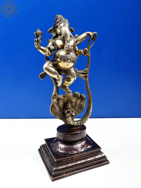 19" Lord Ganesha Dancing on Sheshnag In Brass | Handmade
