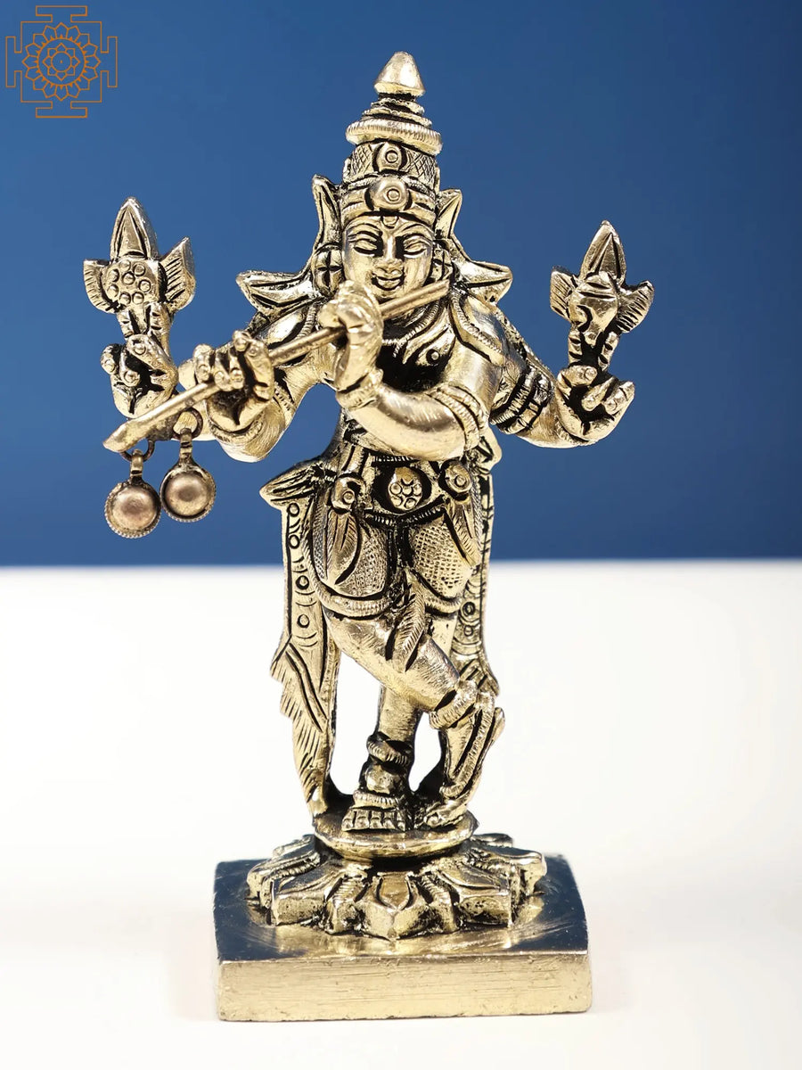 4" Small Fluting Krishna Handmade Brass Idol