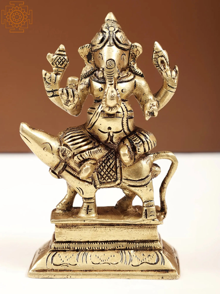 4" Brass Ganesha Idol Seated on Mouse Handmade