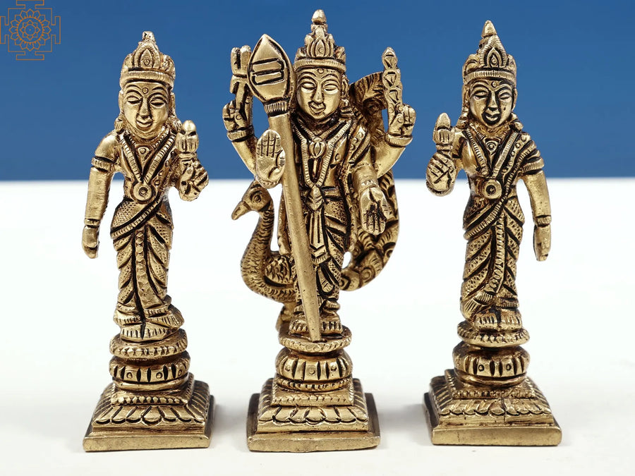 4" Brass Karttikeya Warrior God Statue with Devasena and Valli