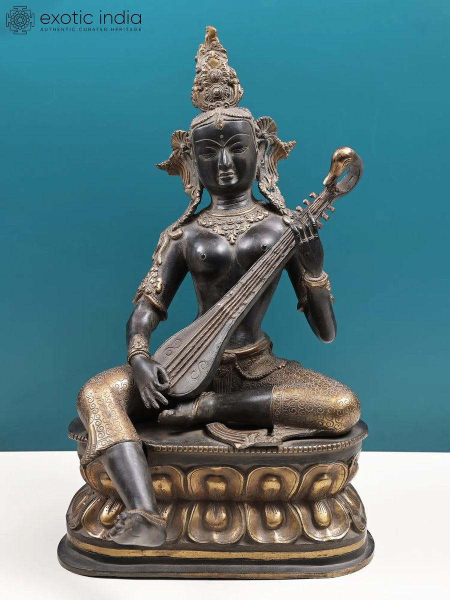 22" Handmade Saraswati Brass Statue Nepalese Form