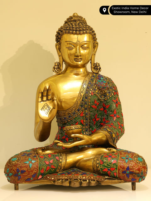 20" Gautam Buddha Preaching His Dharma | Brass  Buddha with Inlay Work | Handmade