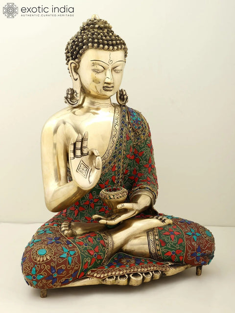 20" Gautam Buddha Preaching His Dharma | Brass  Buddha with Inlay Work | Handmade
