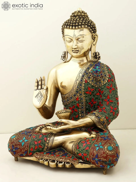 20" Gautam Buddha Preaching His Dharma | Brass  Buddha with Inlay Work | Handmade