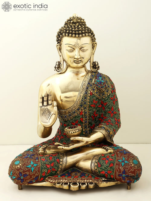 20" Gautam Buddha Preaching Dharma Brass Statue with Handmade Inlay Work