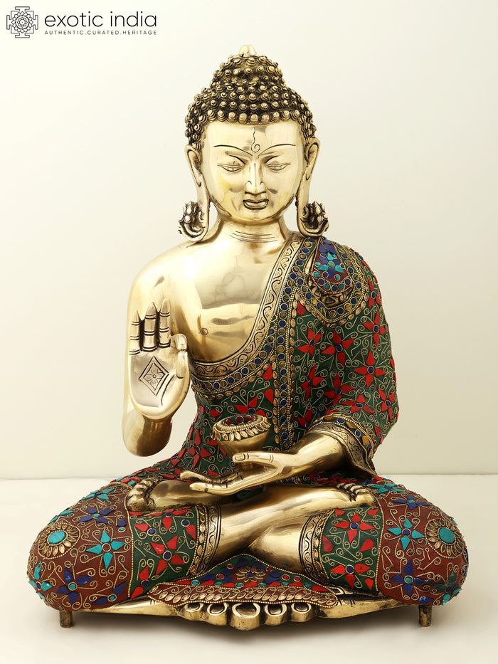 20" Gautam Buddha Preaching Dharma Brass Statue with Handmade Inlay Work