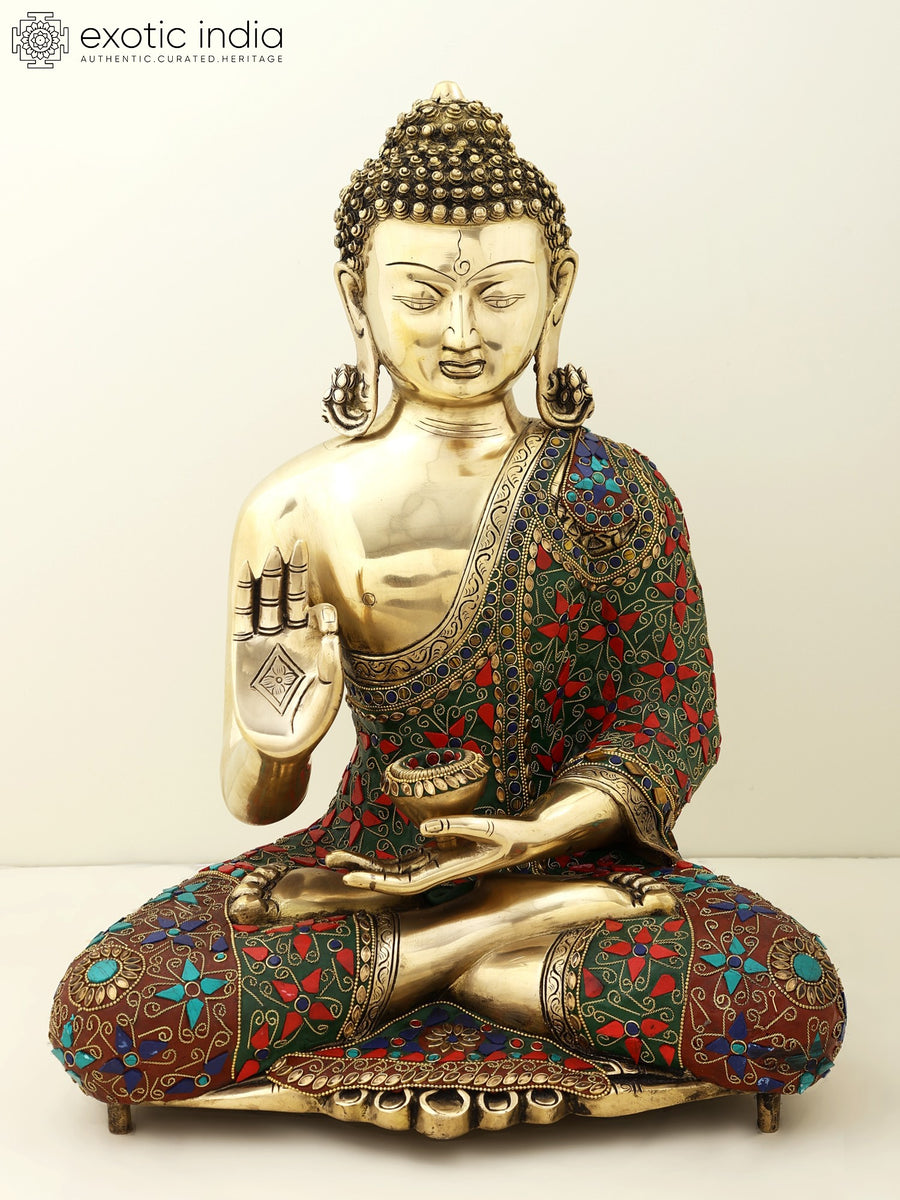 20" Gautam Buddha Preaching Dharma Brass Statue with Handmade Inlay Work