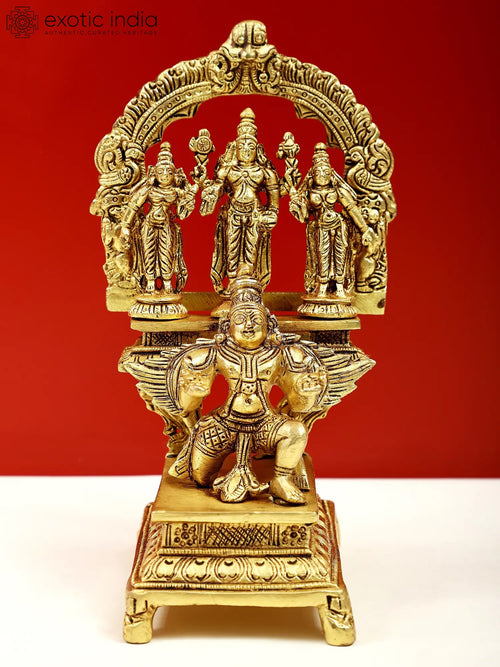 6" Brass Garuda Kneeling with Vishnu Shridevi Bhudevi Idol