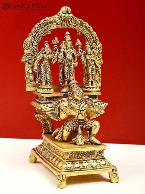 6" Small Brass Garuda Kneeling with Vishnu,Shridevi, Bhudevi
