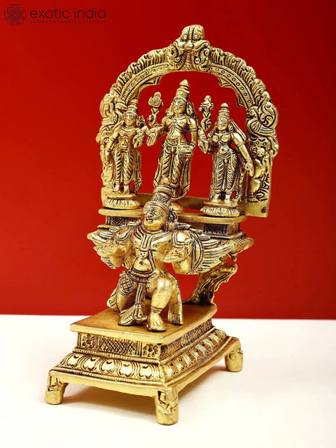 6" Small Brass Garuda Kneeling with Vishnu,Shridevi, Bhudevi