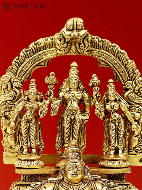 6" Small Brass Garuda Kneeling with Vishnu,Shridevi, Bhudevi