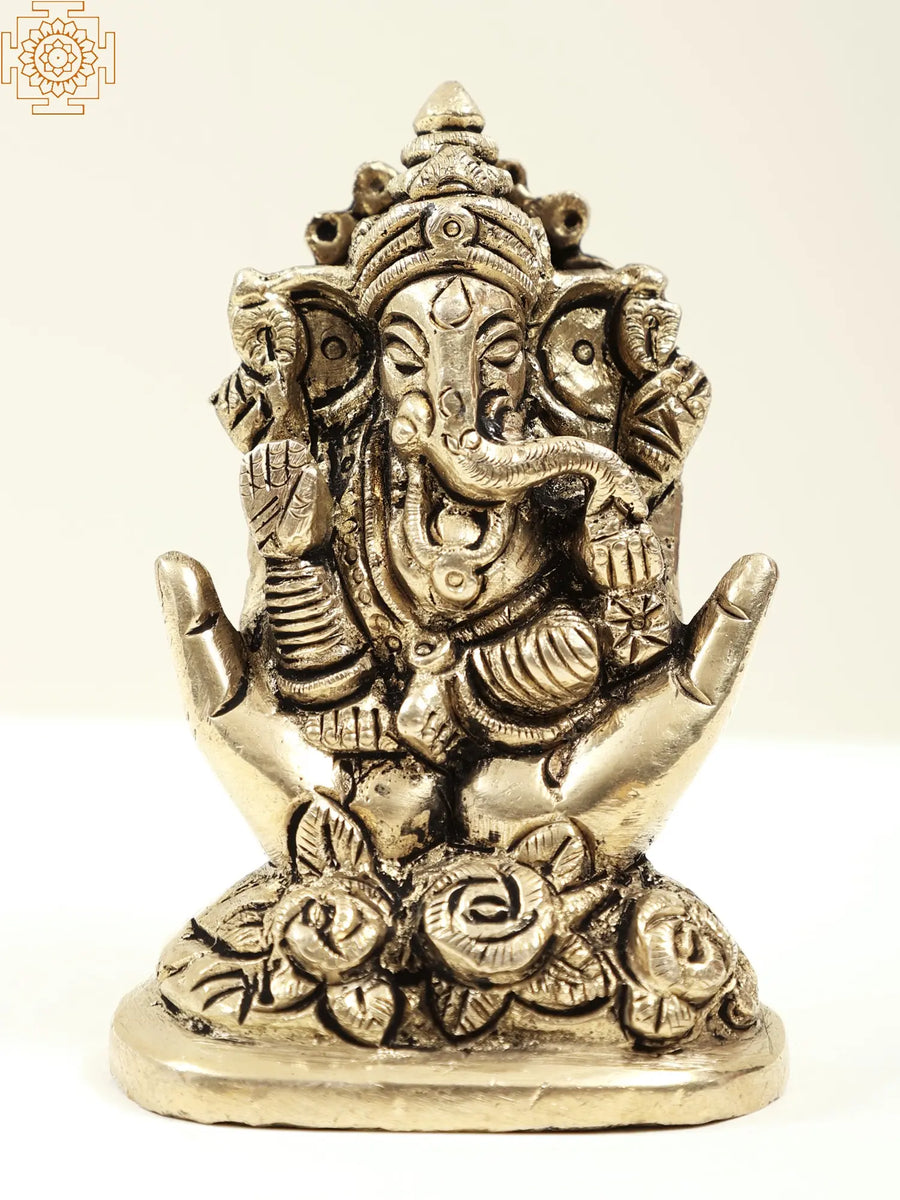 3" Handmade Brass Ganesha Seated on Hand Pedestal Statue