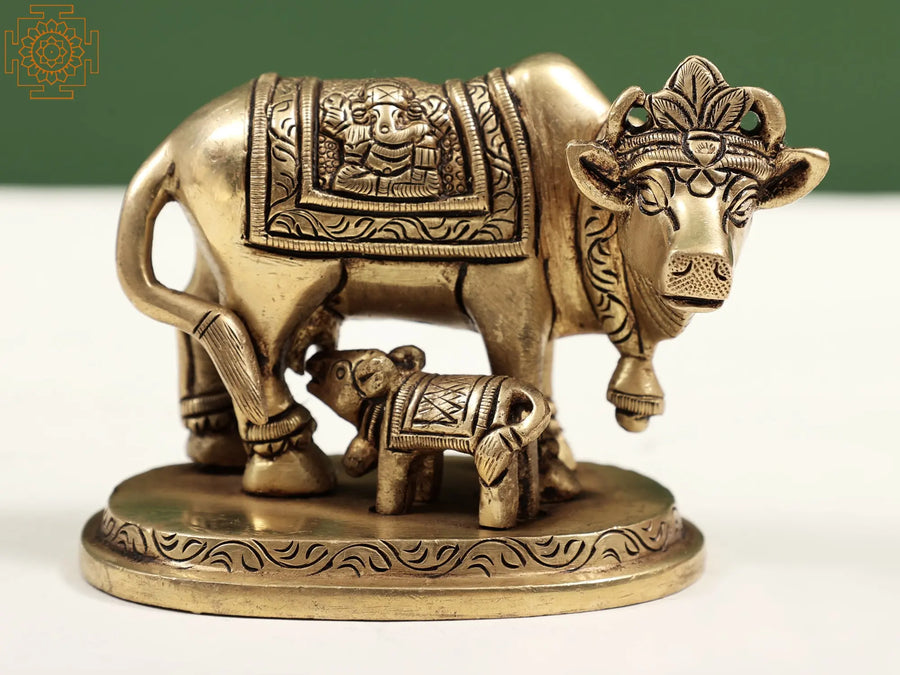 3" Holy Mother Cow with Calf Handmade Brass Statue