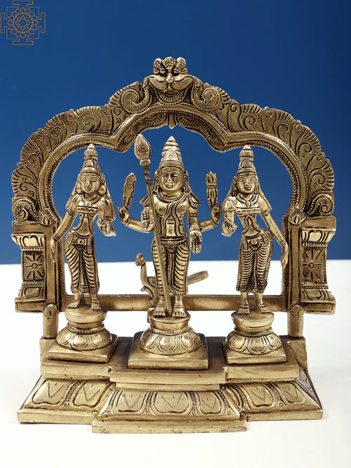 8" Karttikeya With Devasena And Valli Handmade Brass Idol Set